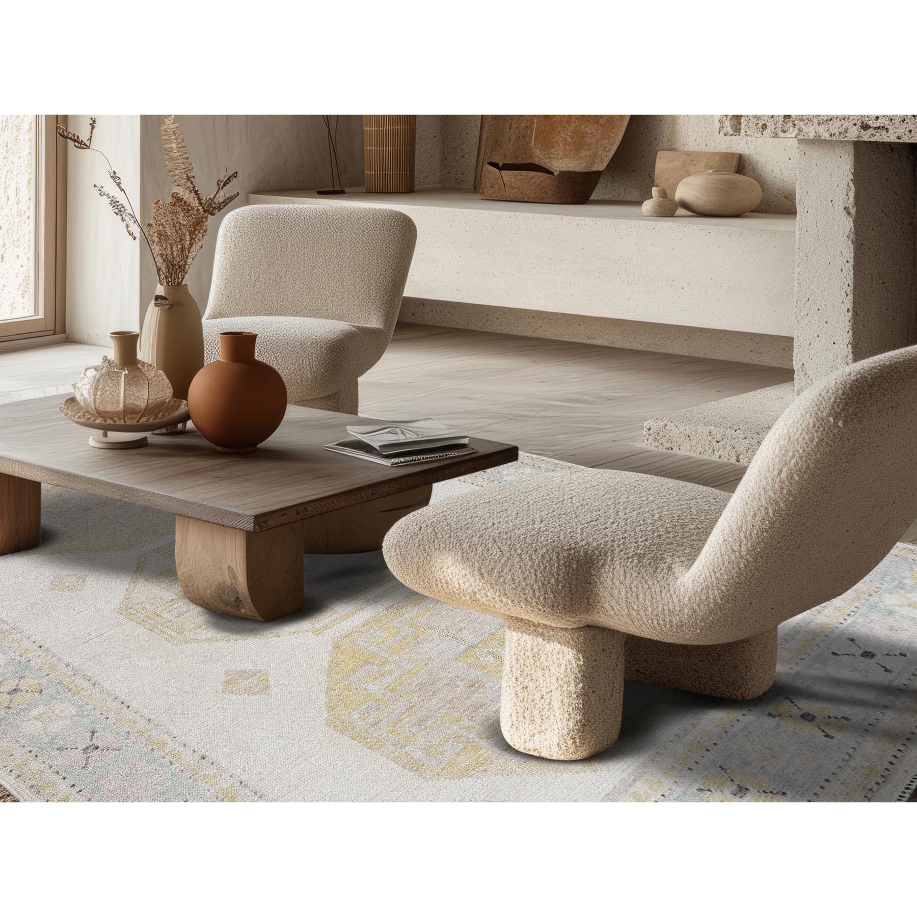 Bone White, Geometric Caucasian Design, 100% Wool, Hand Knotted, Cropped Low, Zero Pile, Oriental Rug
Primary materials: Wool
Latex: No Pile 
height: 0.25 Inches
Style: Traditional
Primary color: Ivory
Secondary colors: Yellow, Purple
Pattern: