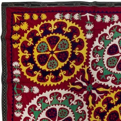 4.9x6.9 ft Silk Suzani Wall Hanging. Hand Embroidered Tapestry. Red Wall Decor