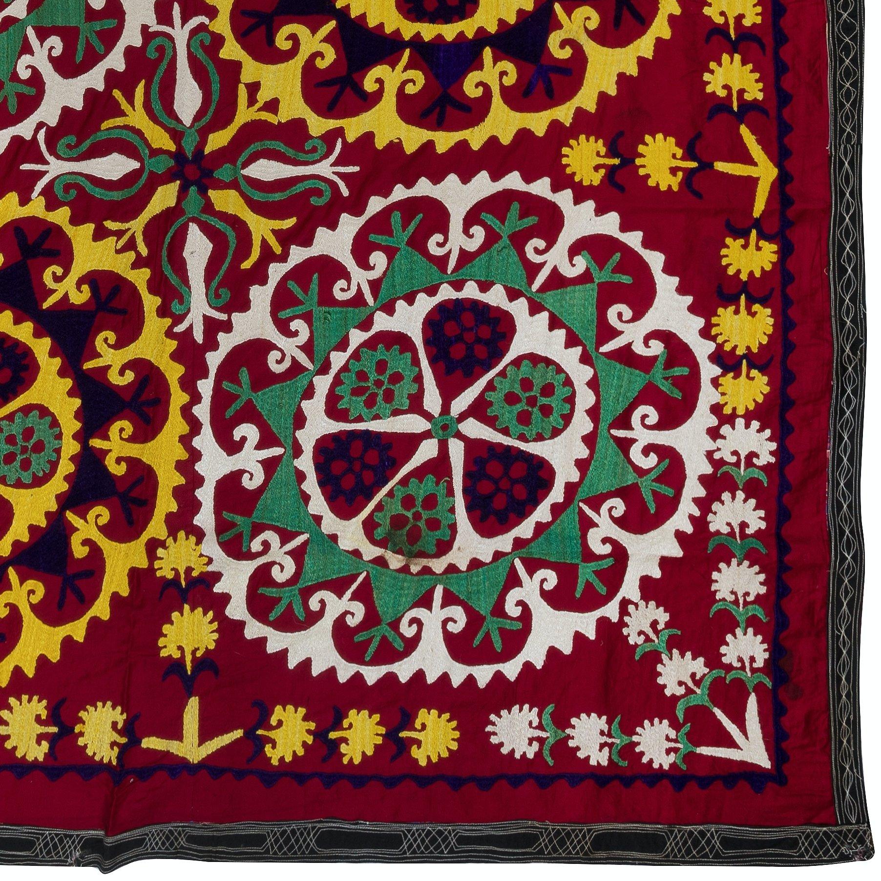 Uzbek 4.9x6.9 ft Silk Suzani Wall Hanging. Hand Embroidered Tapestry. Red Wall Decor For Sale