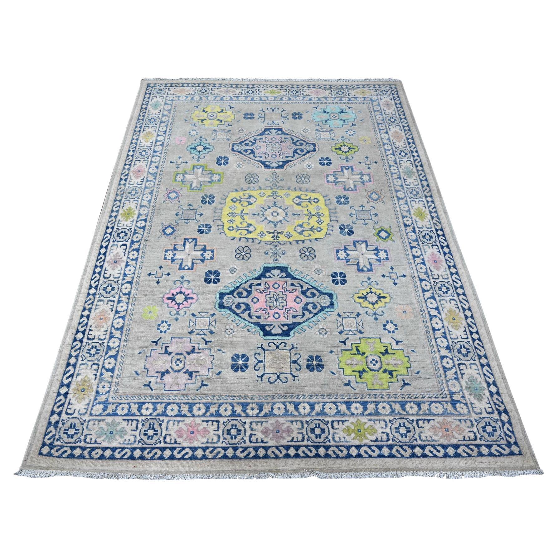 4'9"x6'9" Gray Fusion Kazak With Colorful Caucasian Design Oriental Rug