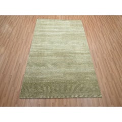 4'9"x6'9" Khaki Brown Grass Design Hand Knotted Wool and Silk Oriental Rug