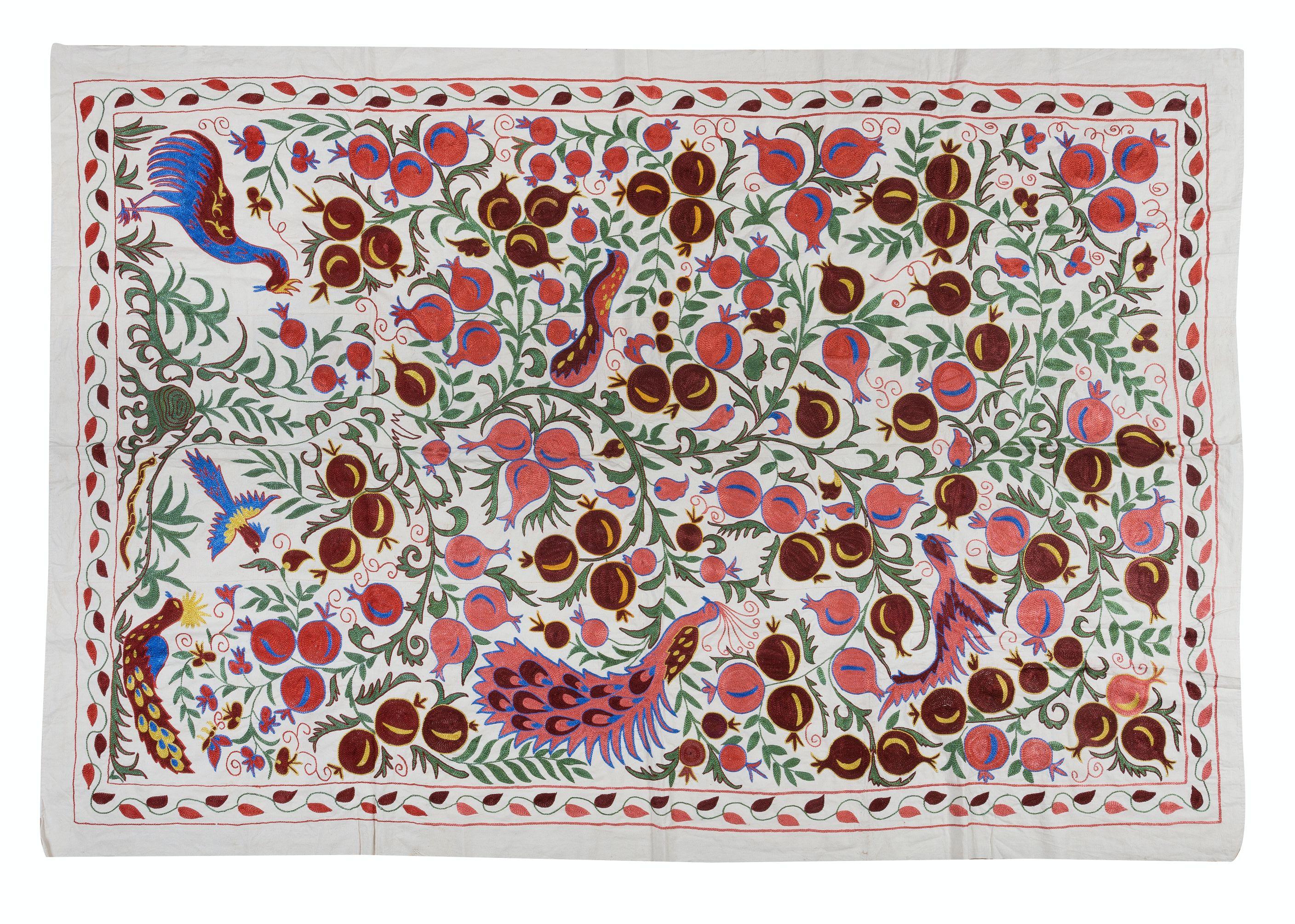 Uzbek 4.9x7 ft Pomegranate Tree Design Crochet Wall Hanging, Silk Embroidery Bedspread For Sale