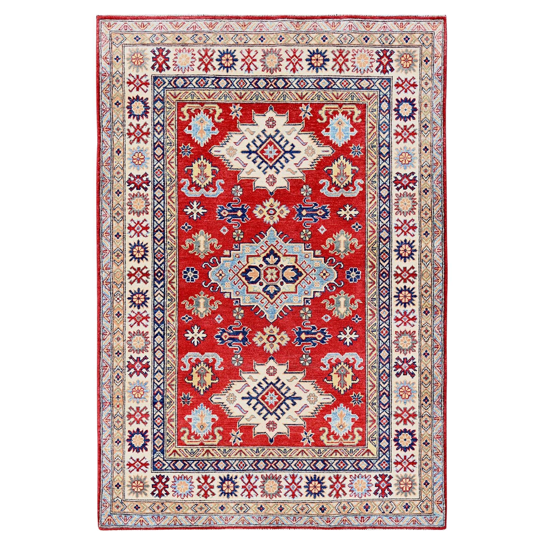 4'9"x7'1" Red Kazak with Tribal Medallions Design Soft Wool Hand Knotted Rug