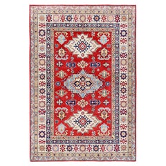4'9"x7'1" Red Kazak with Tribal Medallions Design Soft Wool Hand Knotted Rug