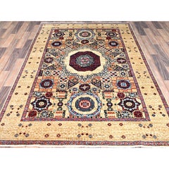 4'9"x7'1" White, Mamluk Design, 100% Wool, Hand Knotted, Oriental Rug