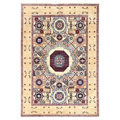 4'9 "x7'1" Blanc, Mamluk Design, 100% laine, noué à la main, Tapis d'Orient