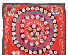 4.9x7.8 ft Vintage Hand Embroidered Red Wall Hanging, Suzani Cotton Bedspread