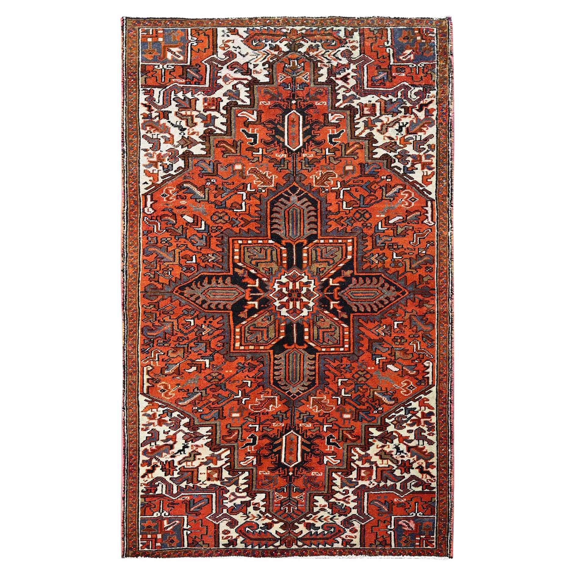 4'9"x8'1" Vivid Orange Vintage Persischer Heriz Handgeknüpfter Orientalischer Teppich aus reiner Wolle, Vintage