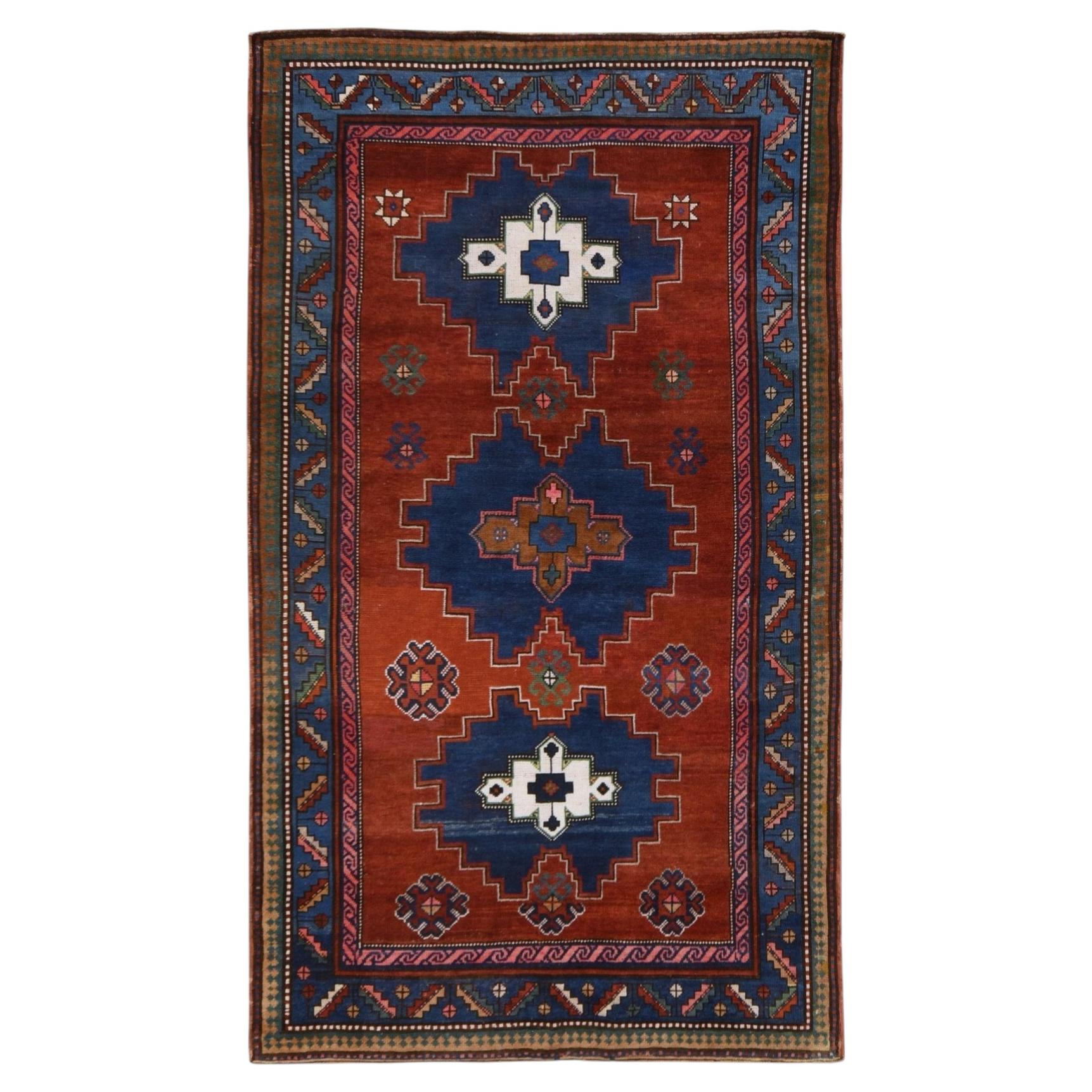 Tappeto orientale in pura lana annodato a mano, stile Kazak caucasico antico, rosso, 145 x 254 cm
