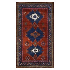 Tappeto orientale in pura lana annodato a mano, stile Kazak caucasico antico, rosso, 145 x 254 cm