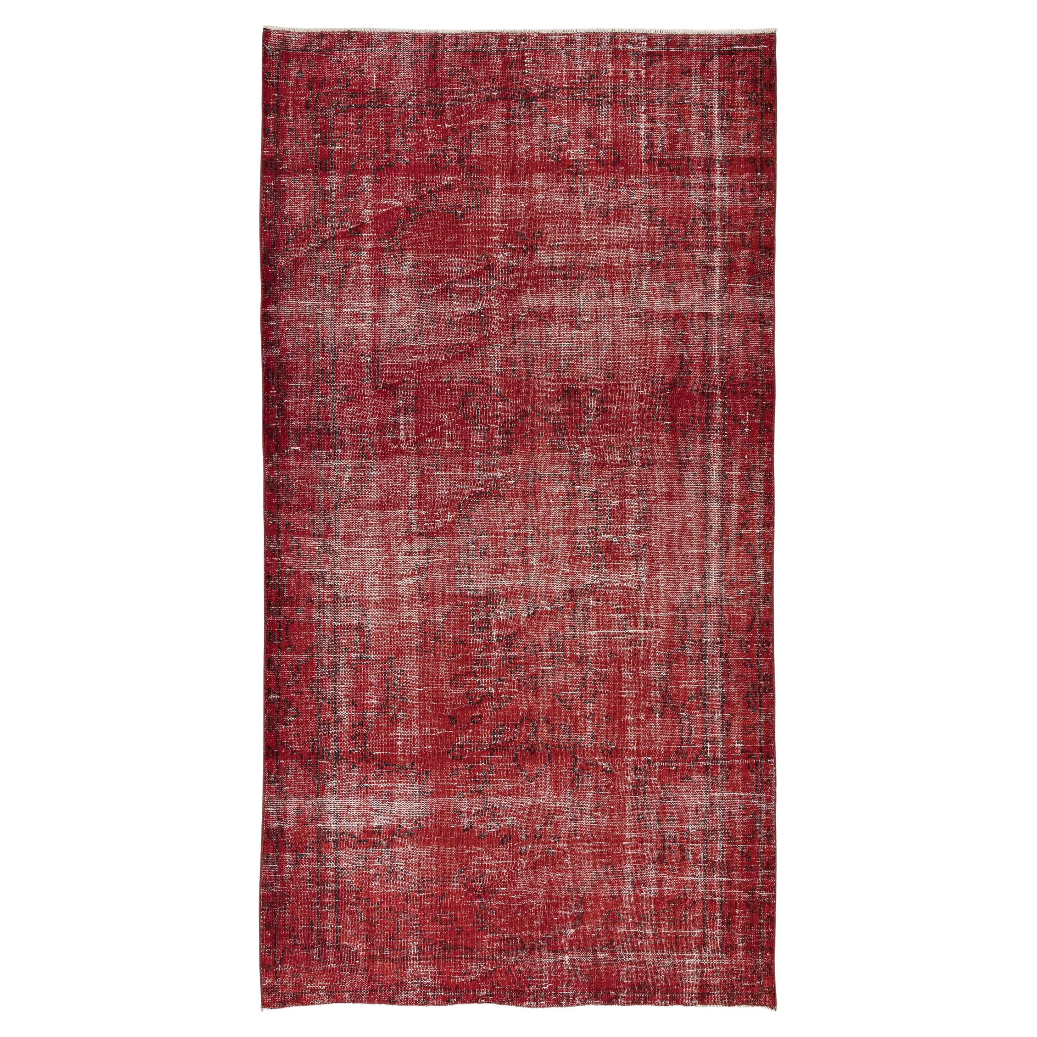 5x8.6 Ft Handmade 1960s Turkish Rug Re-Dyed in Red, Ideal for Modern Interiors