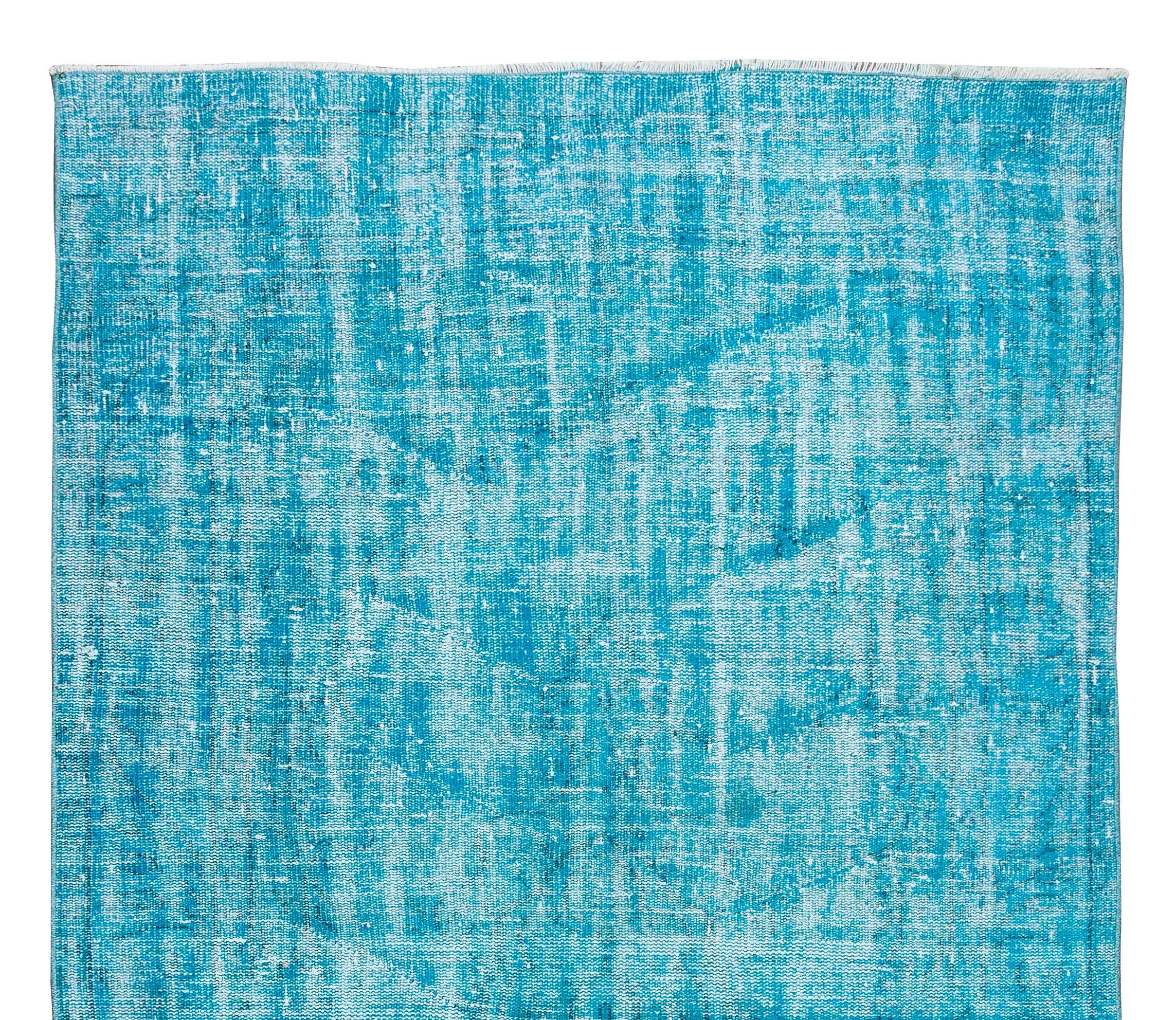 Hand-Knotted 4.9x8.6 Ft Vintage Handmade Rug Over-Dyed in Teal for Modern Office & Home For Sale