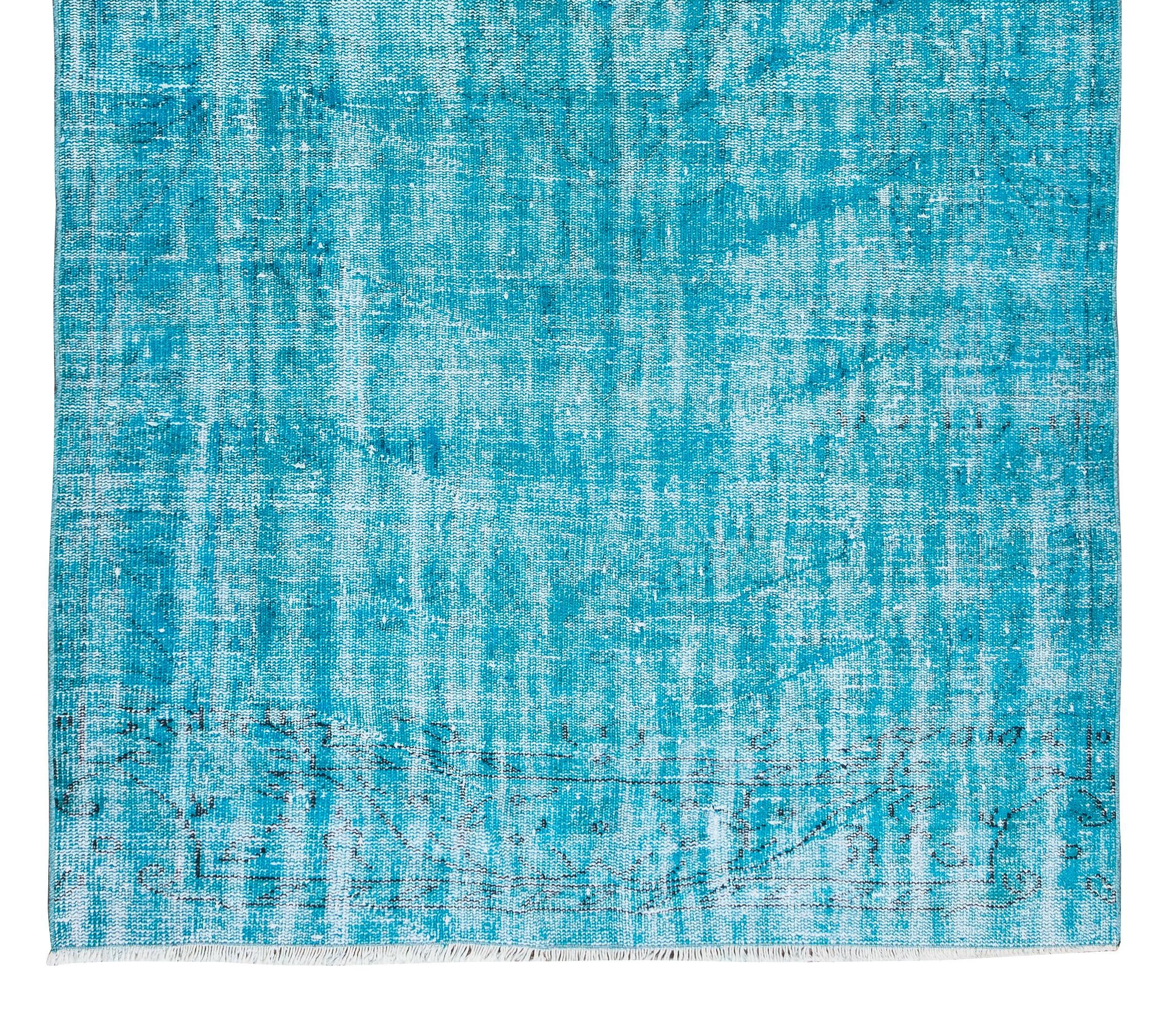 4.9x8.6 Ft Vintage Handmade Rug Over-Dyed in Teal for Modern Office & Home In Good Condition For Sale In Philadelphia, PA