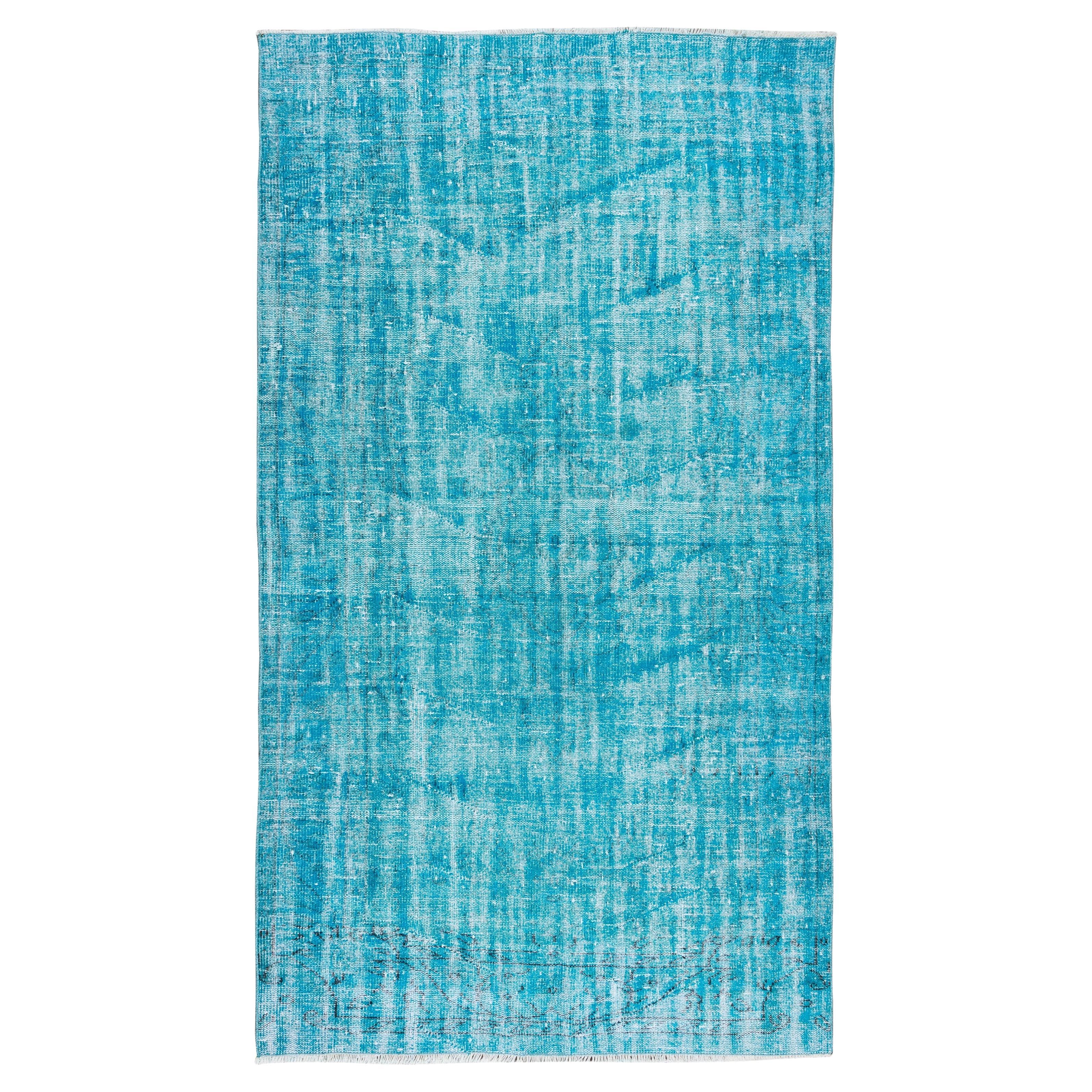 4.9x8.6 Ft Vintage Handmade Rug Over-Dyed in Teal for Modern Office & Home For Sale