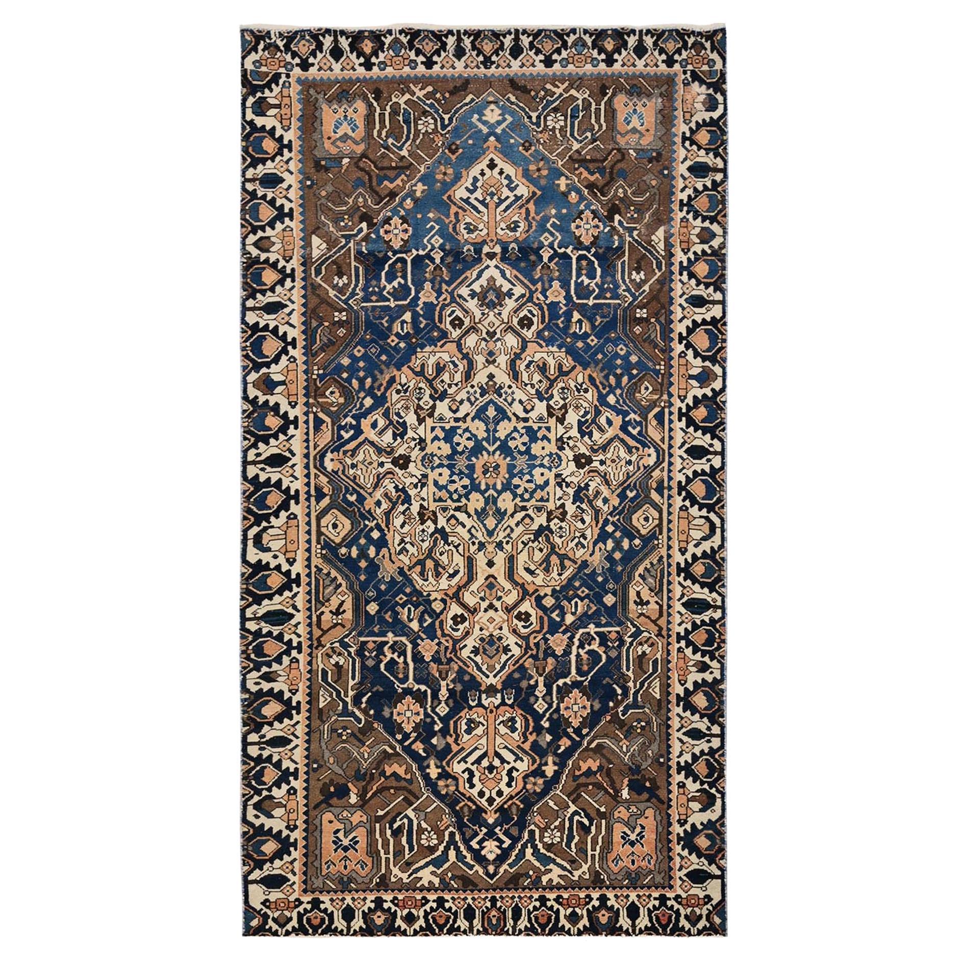 4'9"x9'3" Navy Blue Vintage Persian Bakhtiar Hand Knotted Pure Wool Runner Rug
