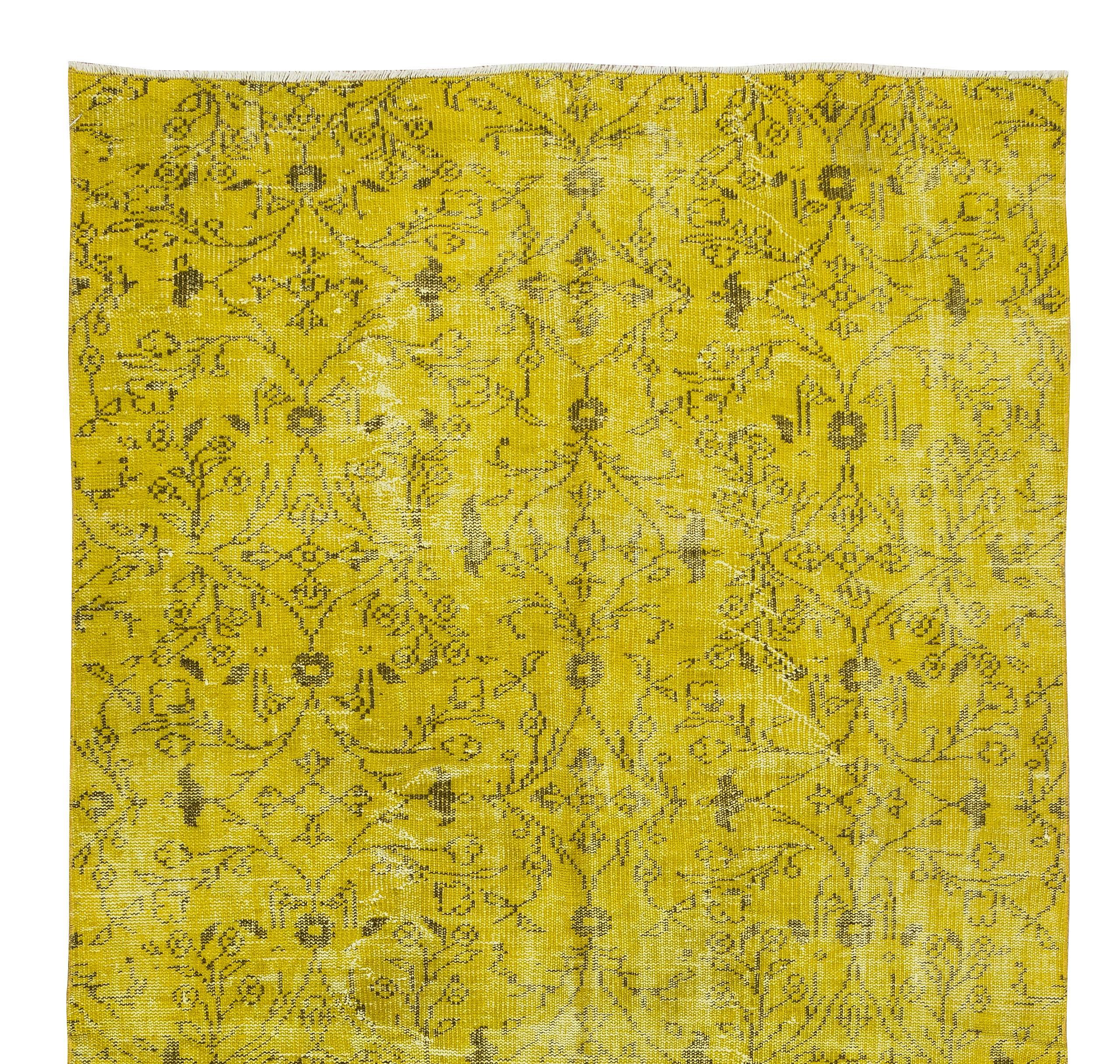 4.9x9.4 Ft Turkish Wool Rug Over-Dyed in Yellow for Modern Home & Office Decor In Good Condition For Sale In Philadelphia, PA