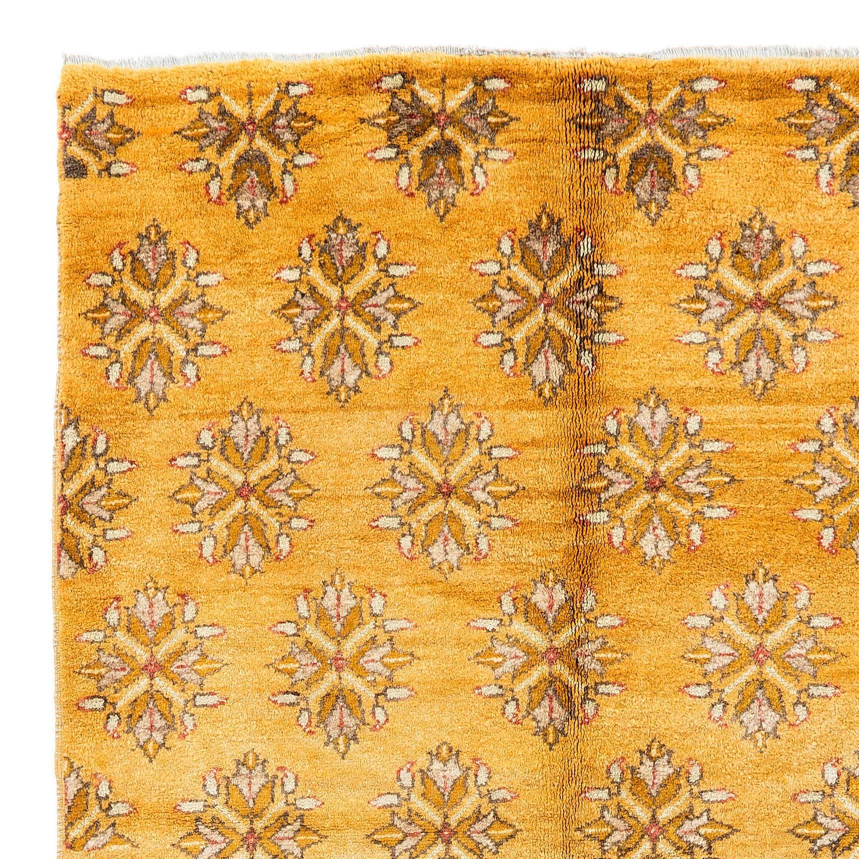 Mid-century Karapinar rug from Central Turkey in rare butterscotch yellow color. Measures: 4.9 x 9.8 ft
Finely hand-knotted with medium wool pile on wool foundation. 
Excellent original condition. All natural dyes.