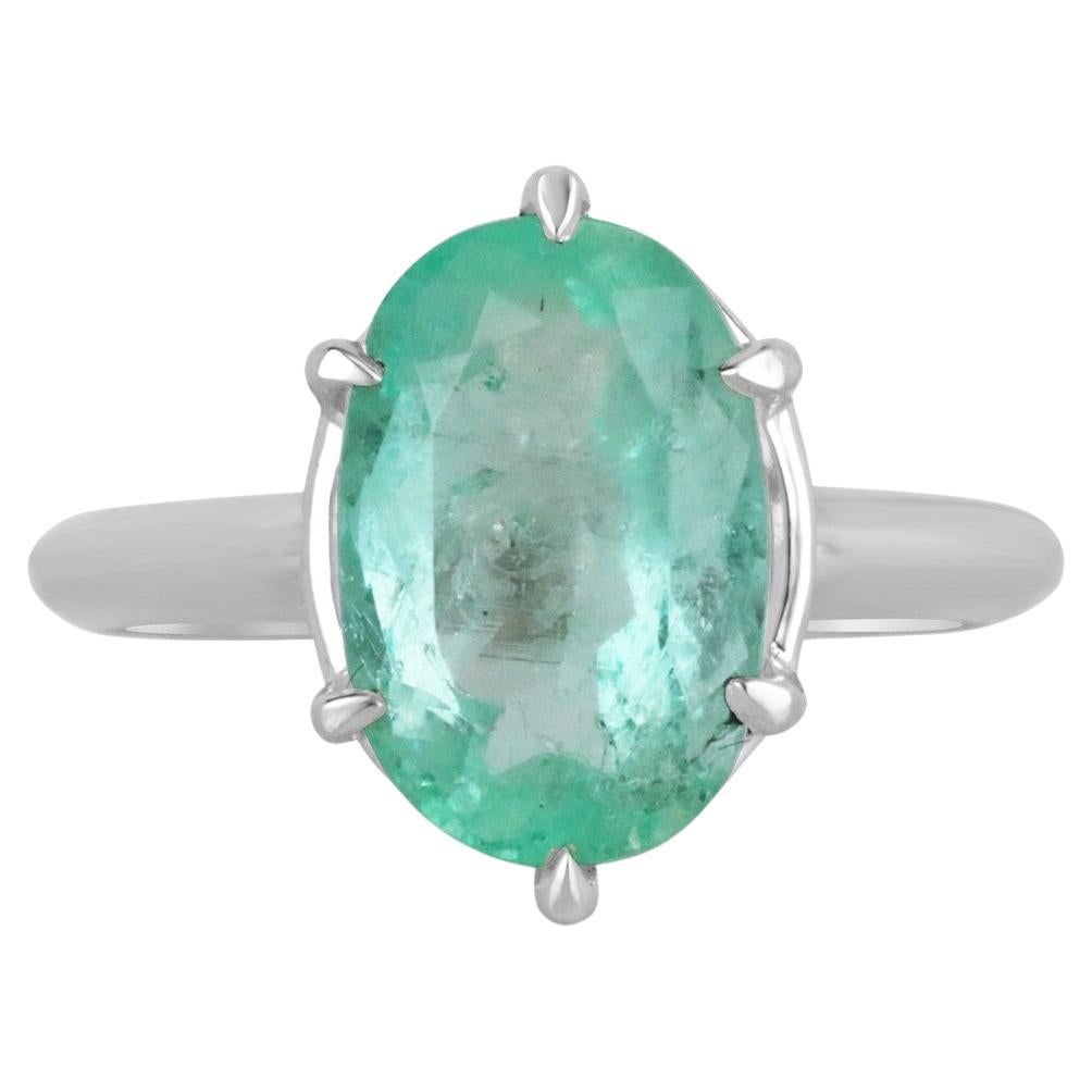 4ct 6 Prong Oval Emerald Solitaire 14K Ring, White Gold For Sale