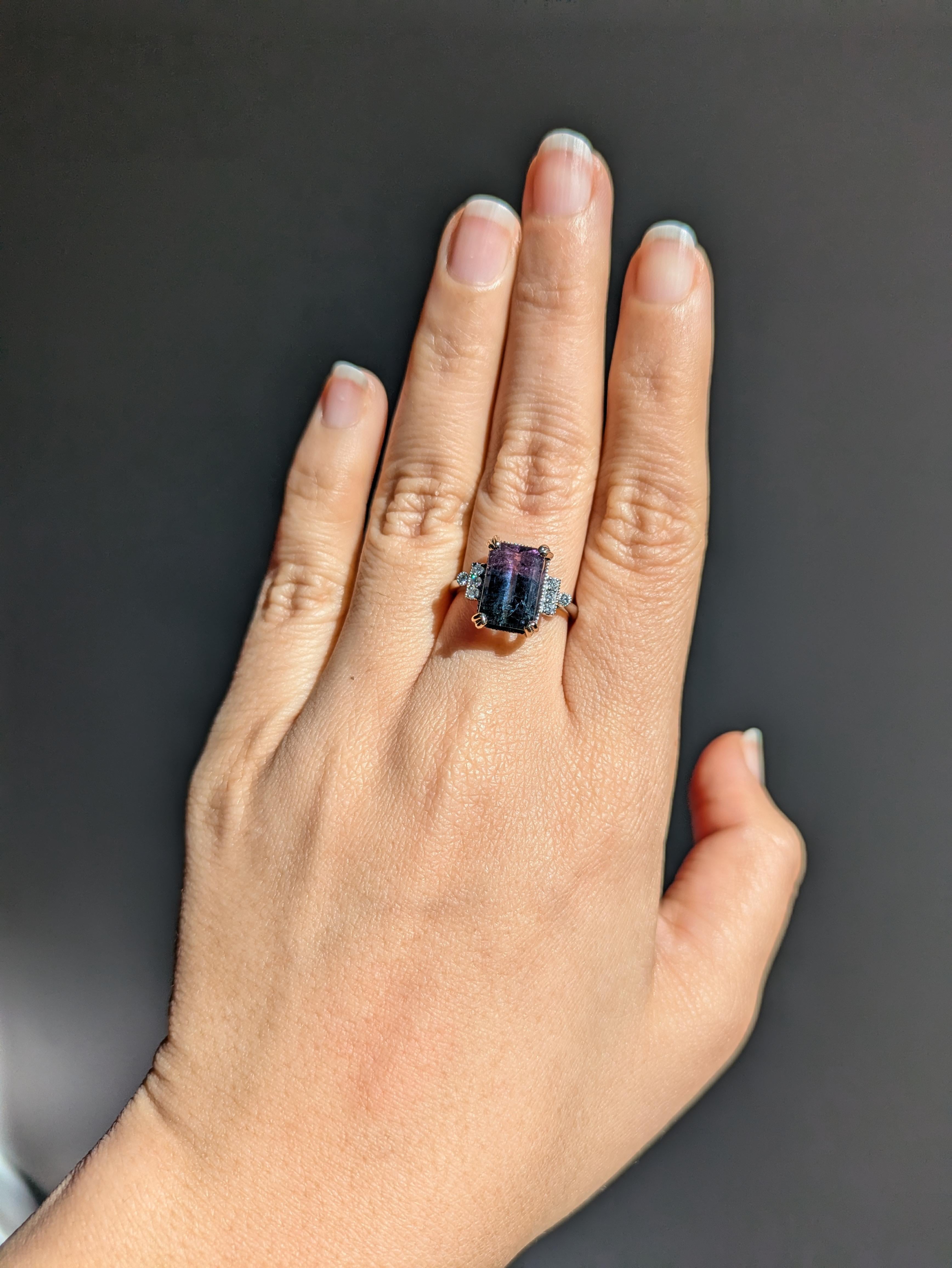 This statement ring features a 4.02ct bi-color pink and black emerald cut Tourmaline gemstone with natural earth mined diamond halo and milgrain details, all set in solid 14K white gold. This Tourmaline ring makes a beautiful October birthstone gift