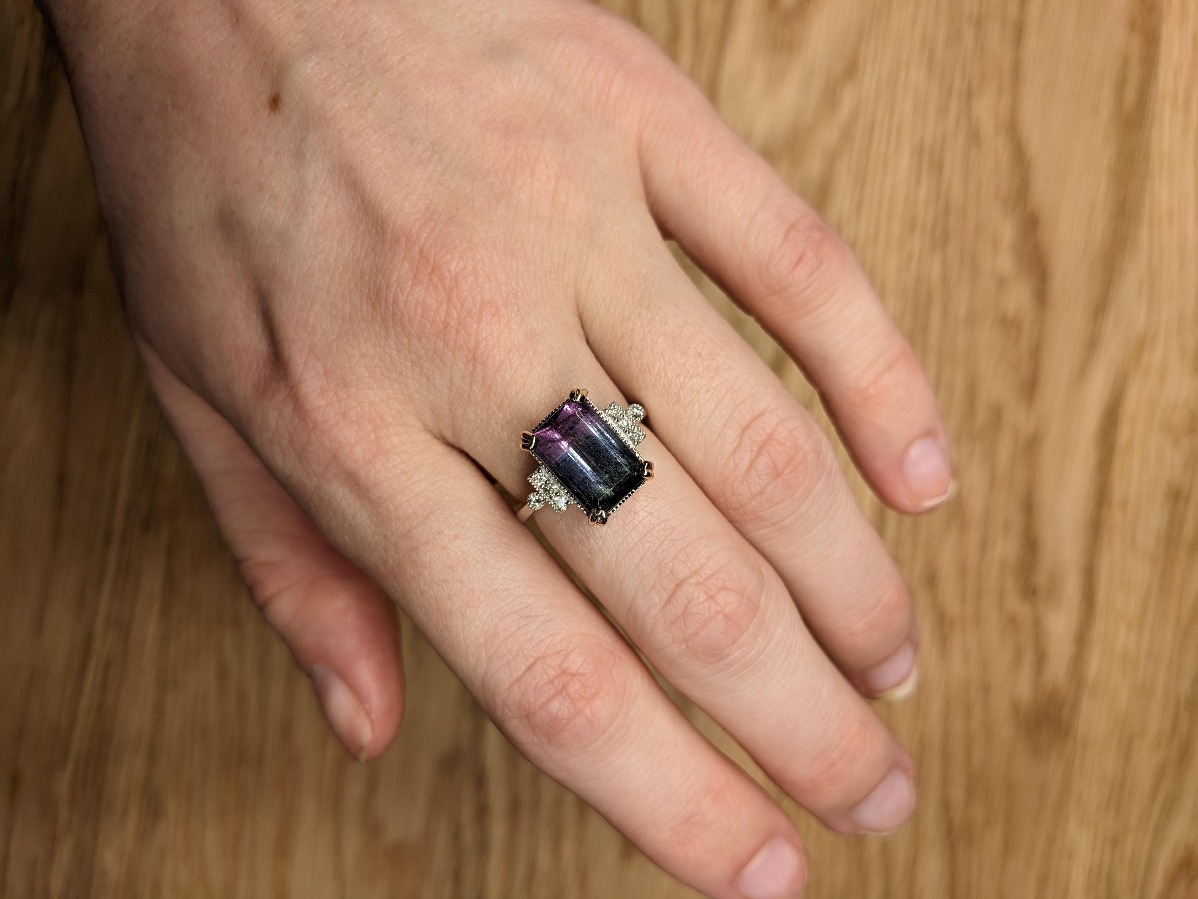 Art Deco 4ct Bi Color Tourmaline Ring w Diamond Accents in Solid 14K Gold  EM 12x8mm For Sale