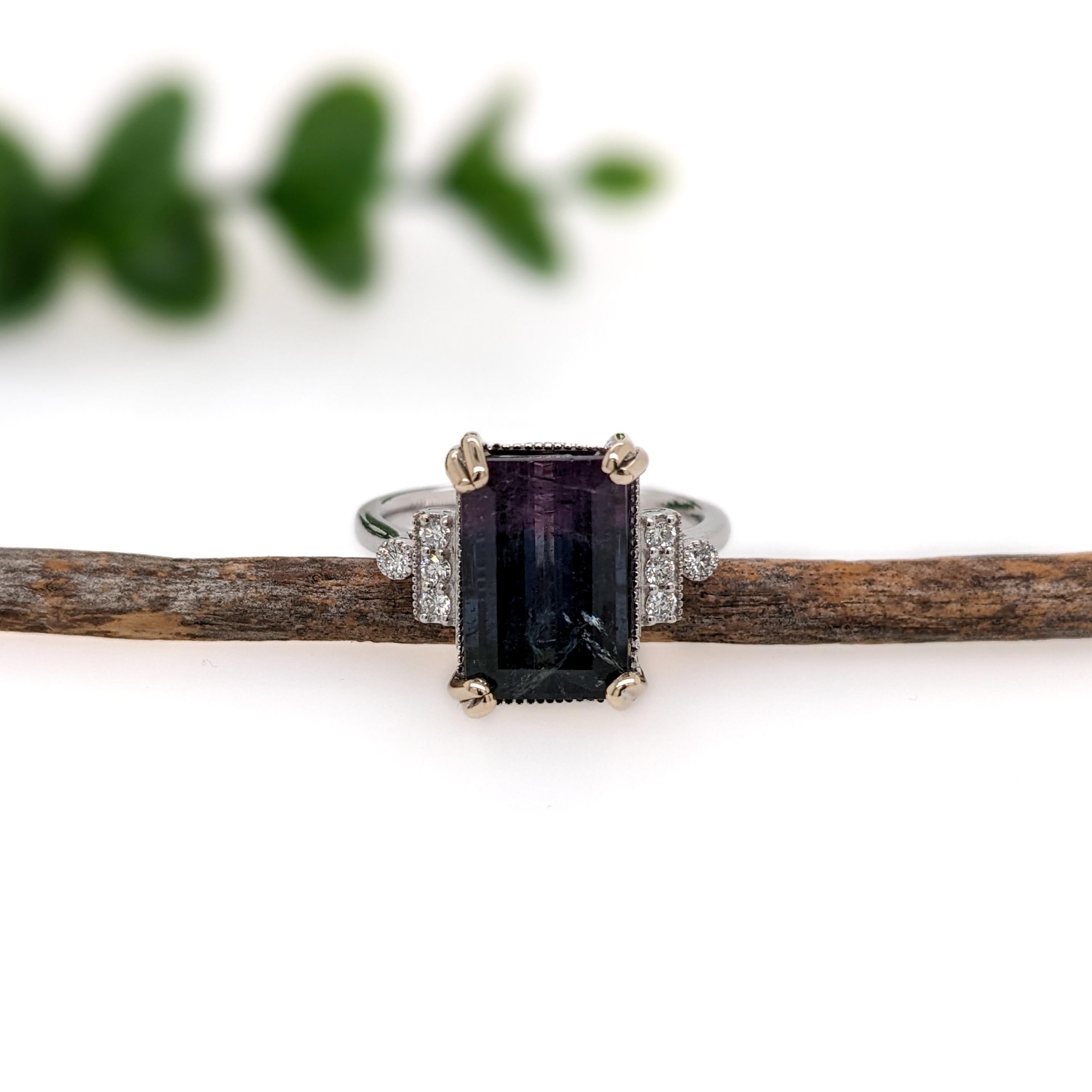 Emerald Cut 4ct Bi Color Tourmaline Ring w Diamond Accents in Solid 14K Gold  EM 12x8mm For Sale