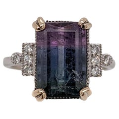 4ct Bi Color Tourmaline Ring w Diamond Accents in Solid 14K Gold  EM 12x8mm