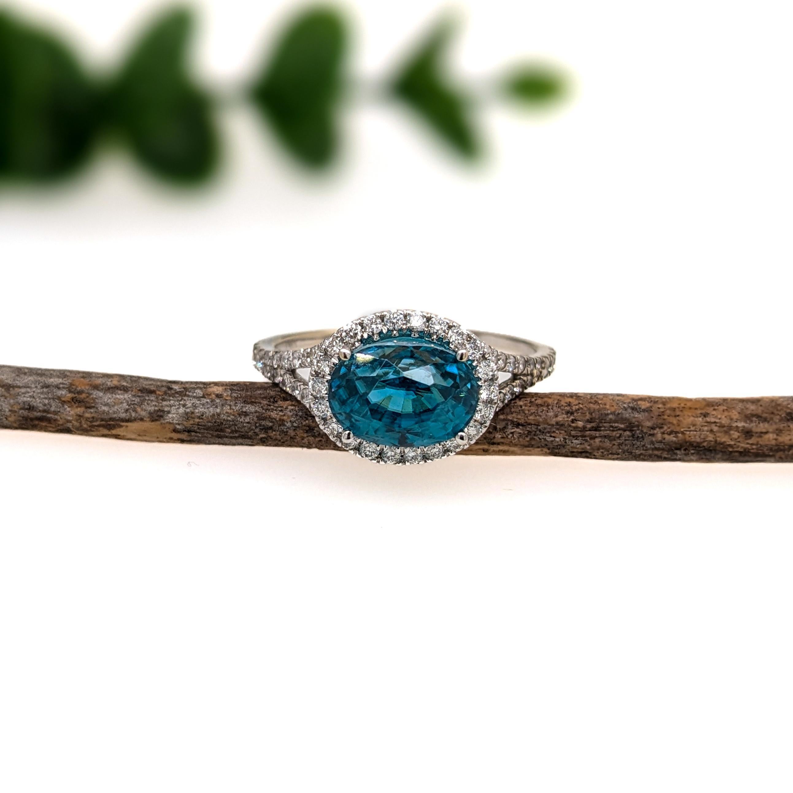 Art Deco 4ct Blue Zircon Ring w Natural Diamond Halo in Solid 14K White Gold  Oval 9x7mm For Sale