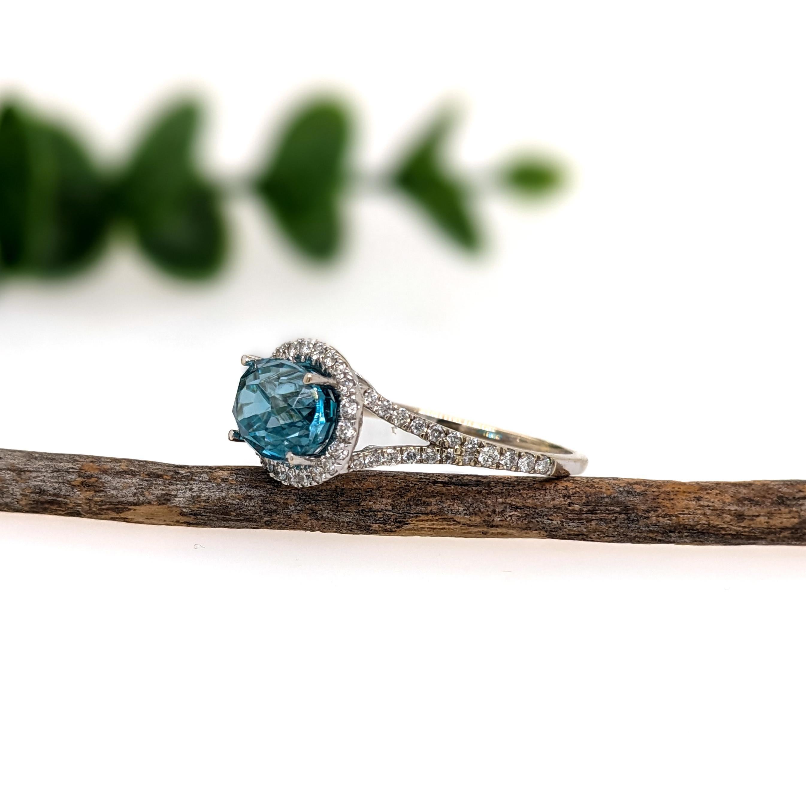 Oval Cut 4ct Blue Zircon Ring w Natural Diamond Halo in Solid 14K White Gold  Oval 9x7mm For Sale