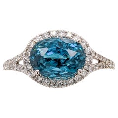 4ct Blue Zircon Ring w Natural Diamond Halo in Solid 14K White Gold  Oval 9x7mm