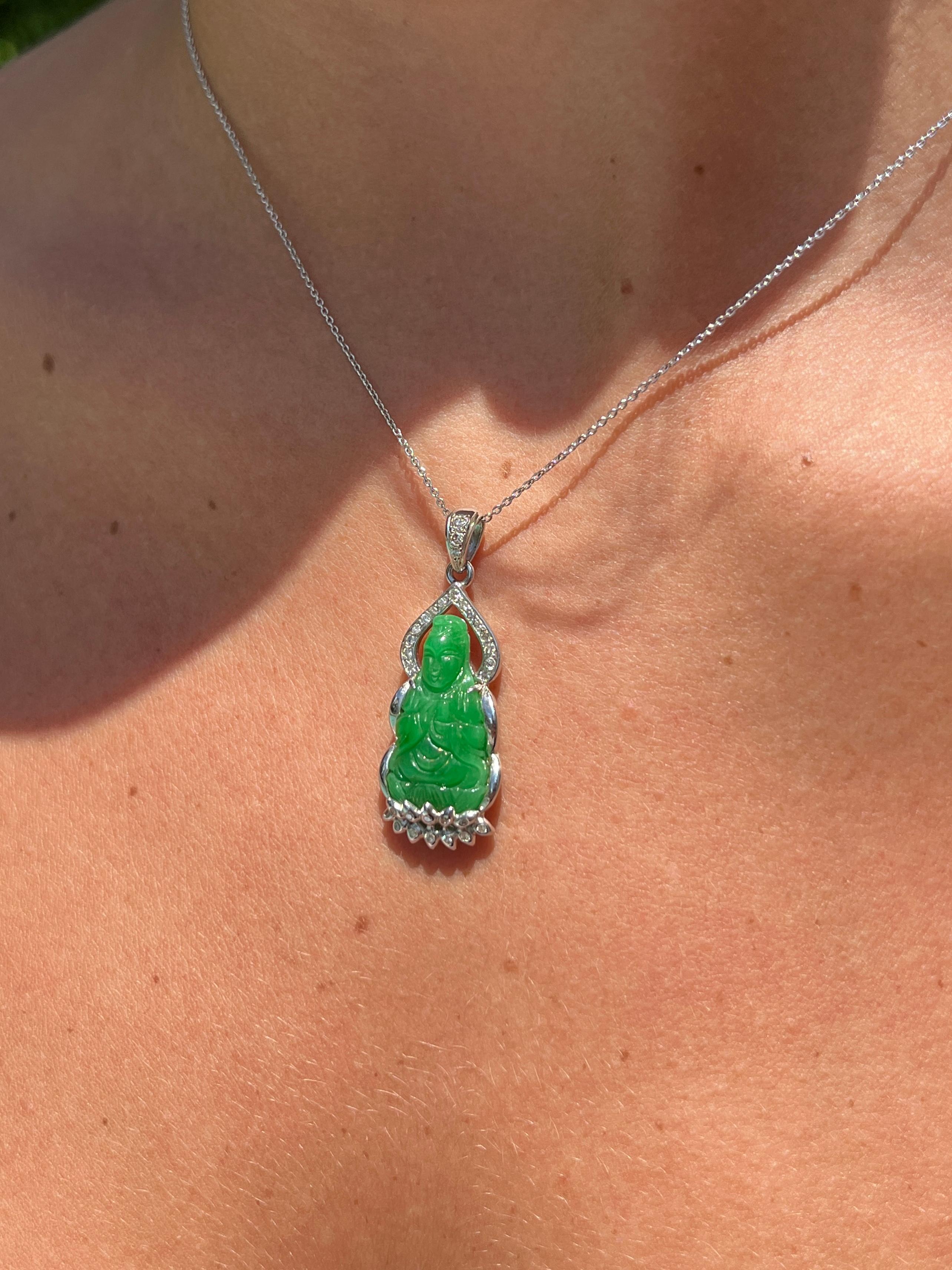 Round Cut 4CT Carved Buddha Jade and Round Diamond 14K Pendant with Cable Chain Necklace For Sale