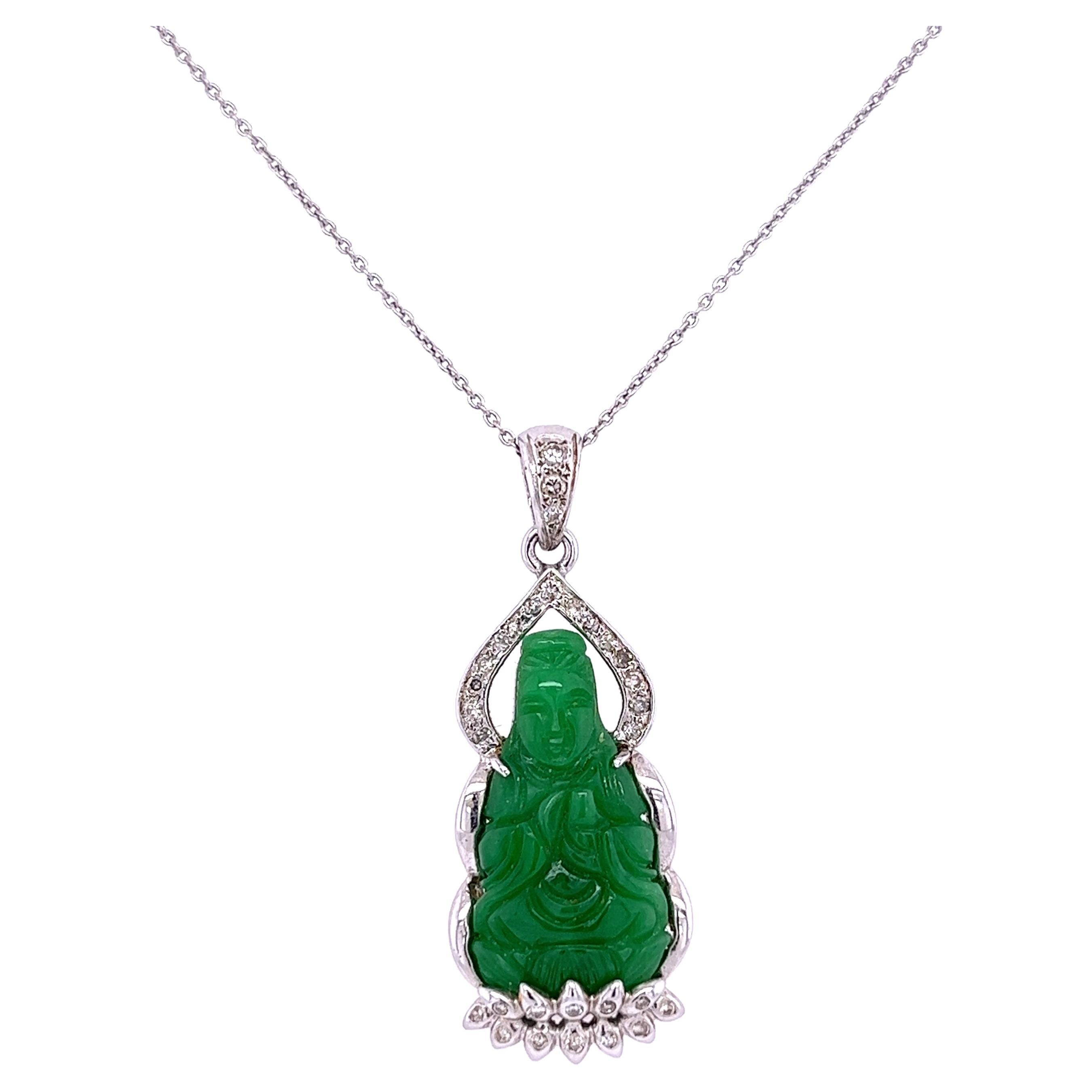 4CT Carved Buddha Jade and Round Diamond 14K Pendant with Cable Chain Necklace For Sale