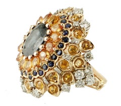 4ct Central Blue Sapphire, Blue and Yellow Sapphires, Diamonds, Rose Gold Ring