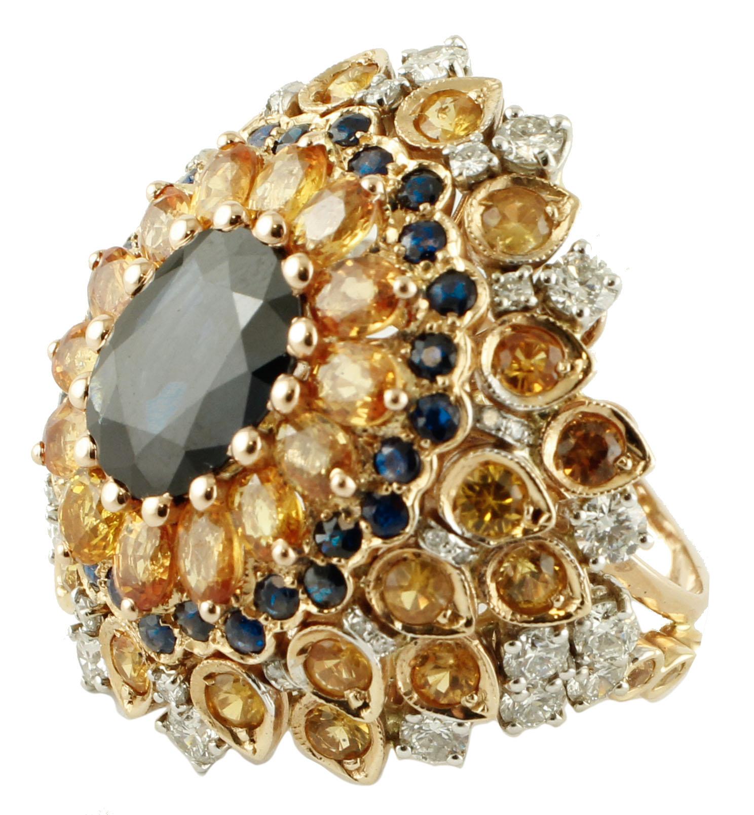 Retro 4ct Central Blue Sapphire, Blue and Yellow Sapphires, Diamonds, Rose Gold Ring For Sale