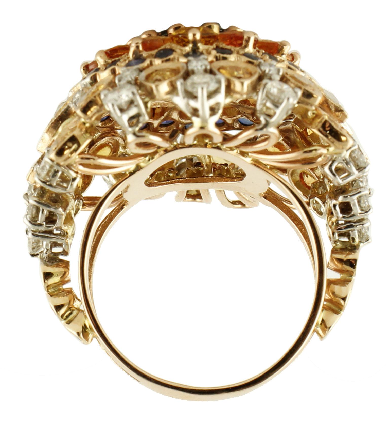 4ct Central Blue Sapphire, Blue and Yellow Sapphires, Diamonds, Rose Gold Ring In Good Condition For Sale In Marcianise, Marcianise (CE)