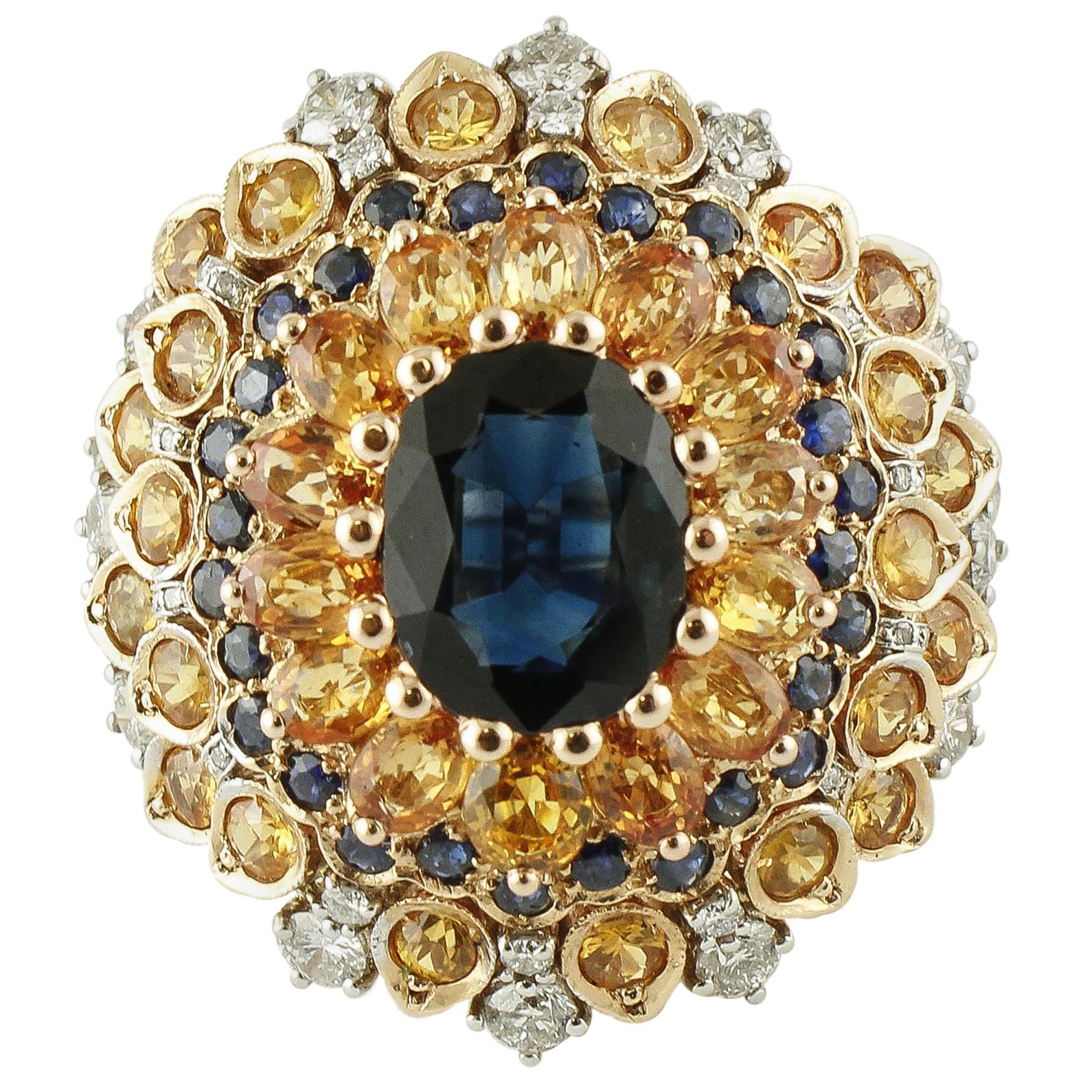 Anello con zaffiro blu centrale da 4 carati, zaffiri blu e gialli, diamanti, oro rosa