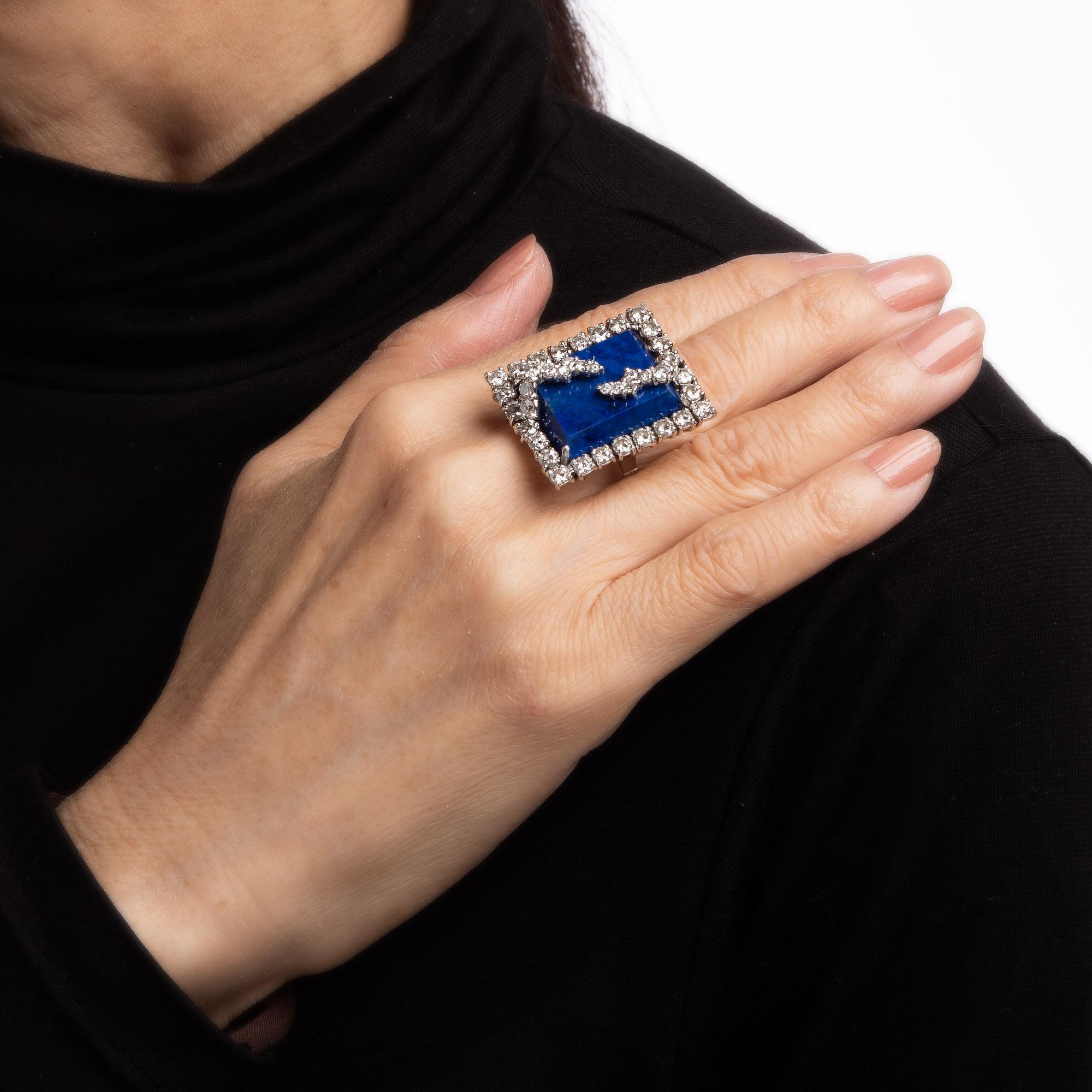 4ct Diamond Lightning Bolt Ring 18k Vintage Lapis Lazuli Square