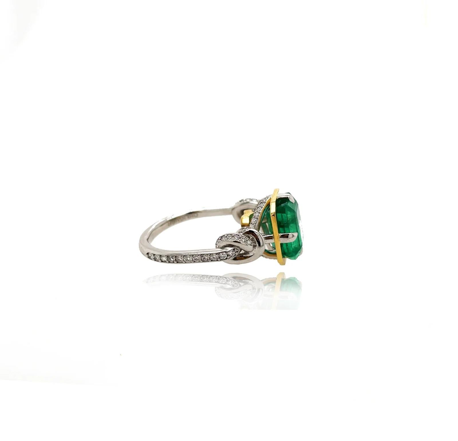 Artisan 4ct Emerald Cut Emerald ring in platinum and 22k yellow gold For Sale