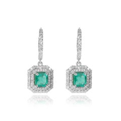 4.3ct Natural Square Emerald & Diamond Double Halo Dangle Earrings in 18K Gold