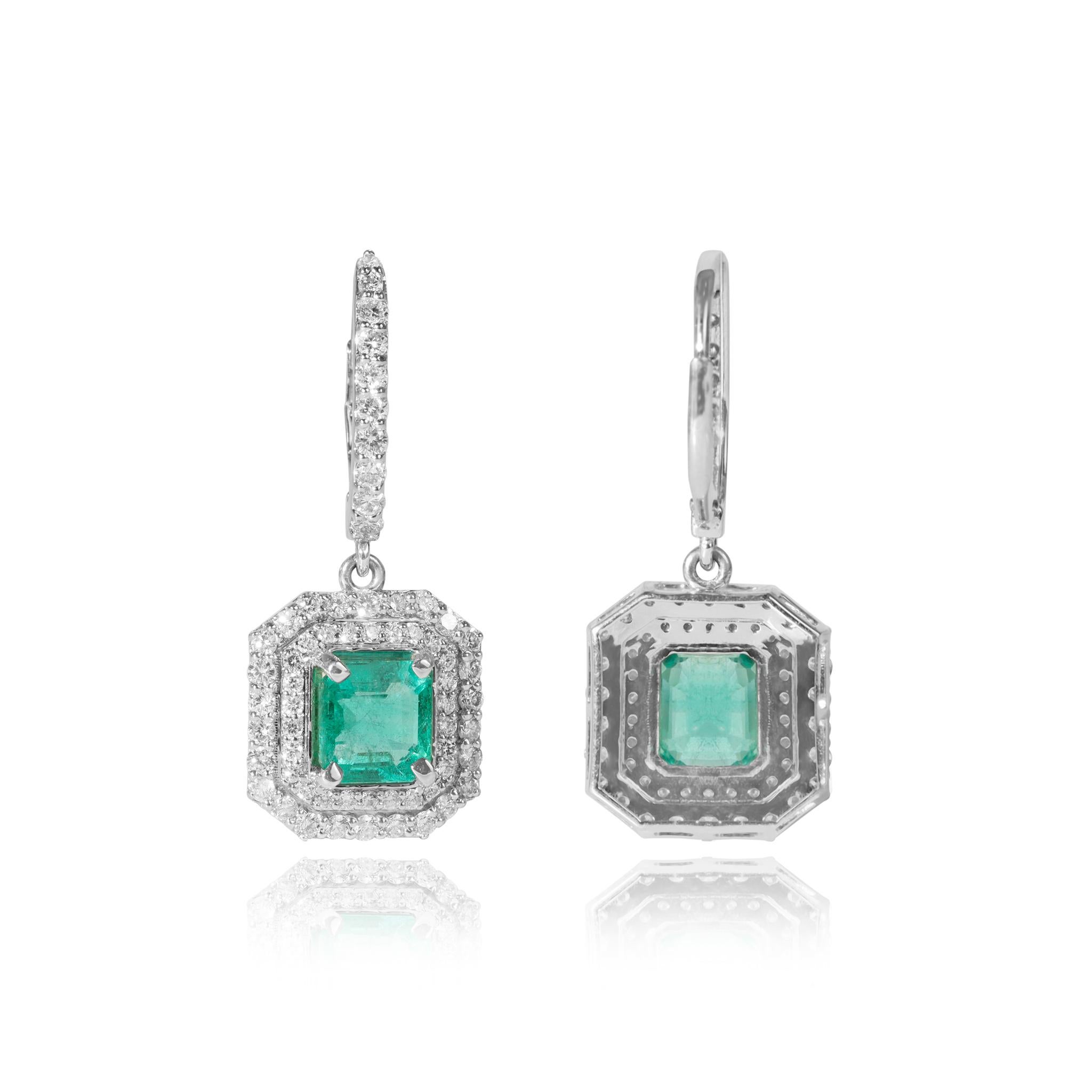 Emerald Cut 4ct Exceptional Natural Emerald Diamond Dangle Earrings, Halo Diamond 18k gold For Sale