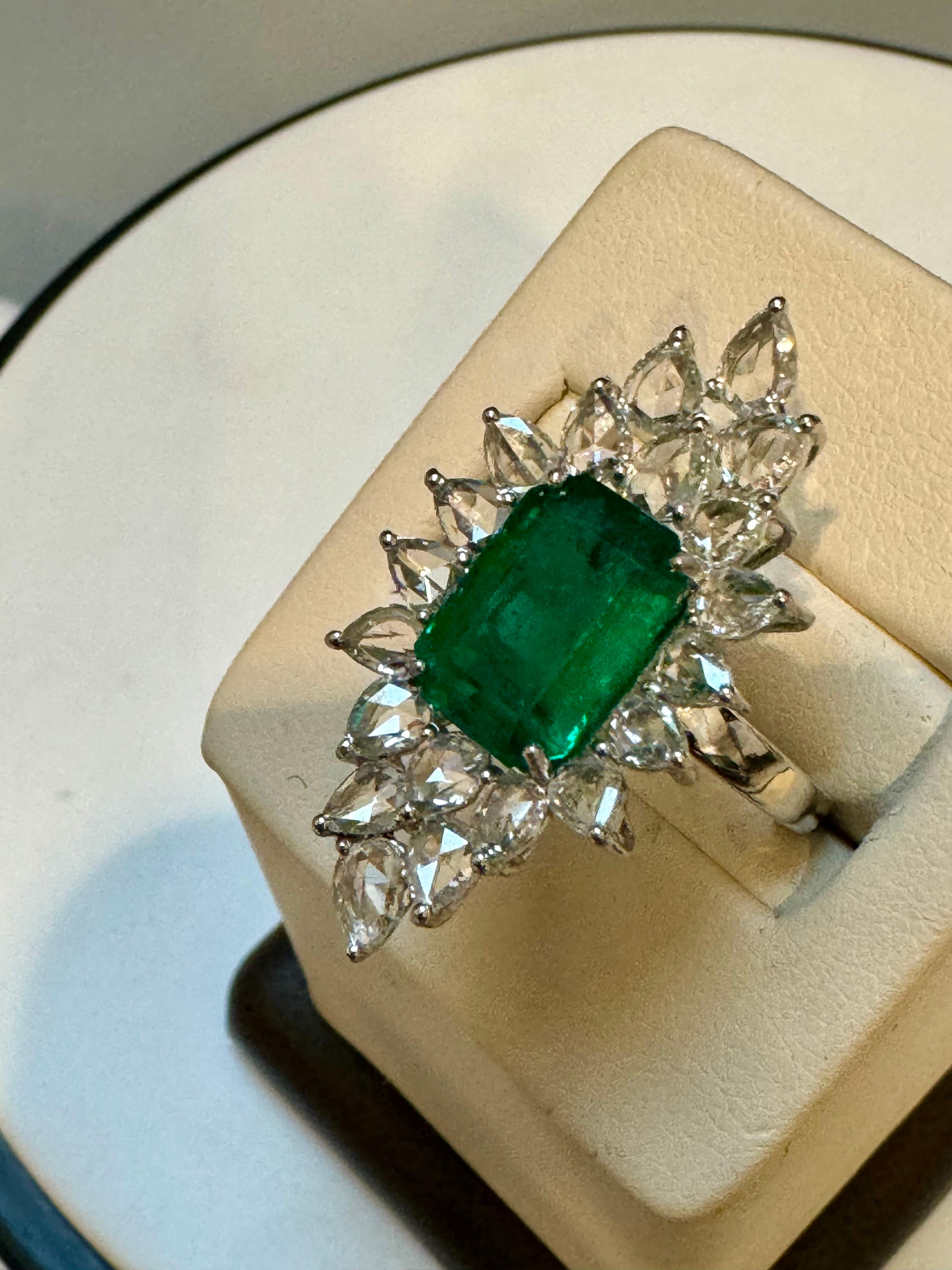4Ct Finest Zambian Emerald Cut Emerald & 2.5Ct Diamond Ring, 18 Kt Gold Size 6.5 In Excellent Condition For Sale In New York, NY