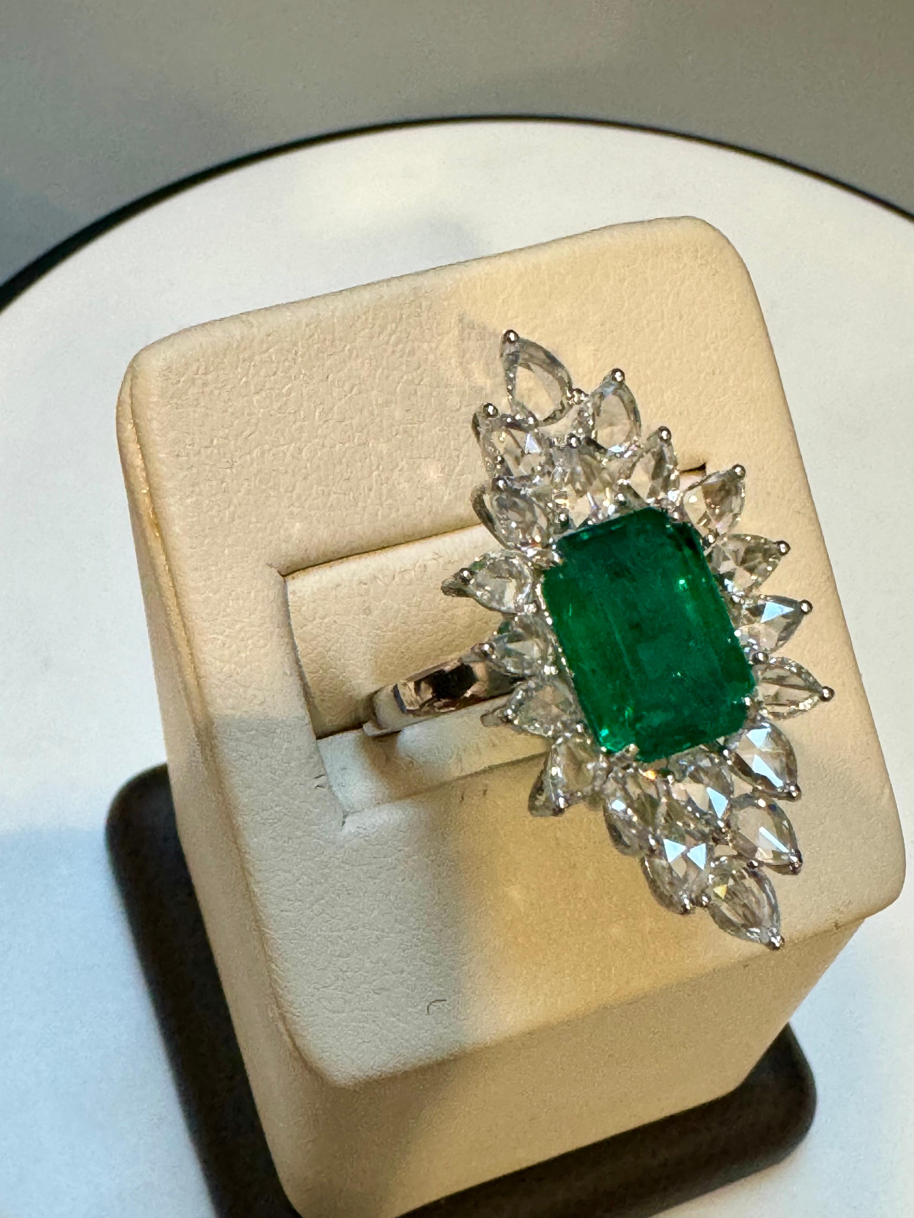 4Ct Finest Zambian Emerald Cut Emerald & 2.5Ct Diamond Ring, 18 Kt Gold Size 6.5 For Sale 2