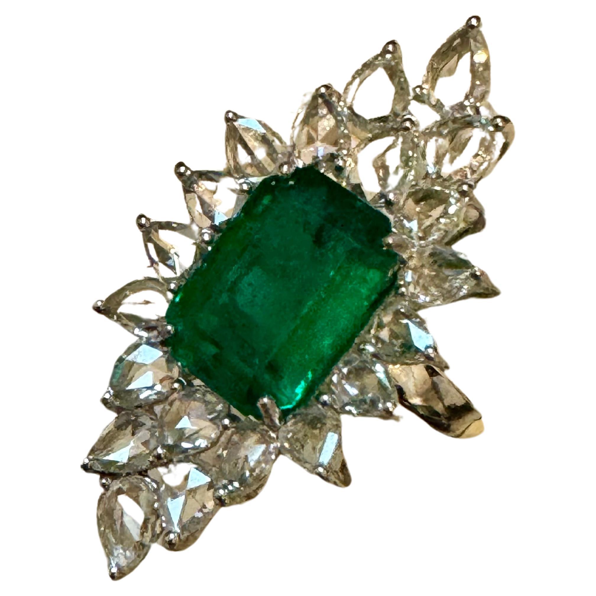4Ct Finest Zambian Emerald Cut Emerald & 2.5Ct Diamond Ring, 18 Kt Gold Size 6.5 For Sale
