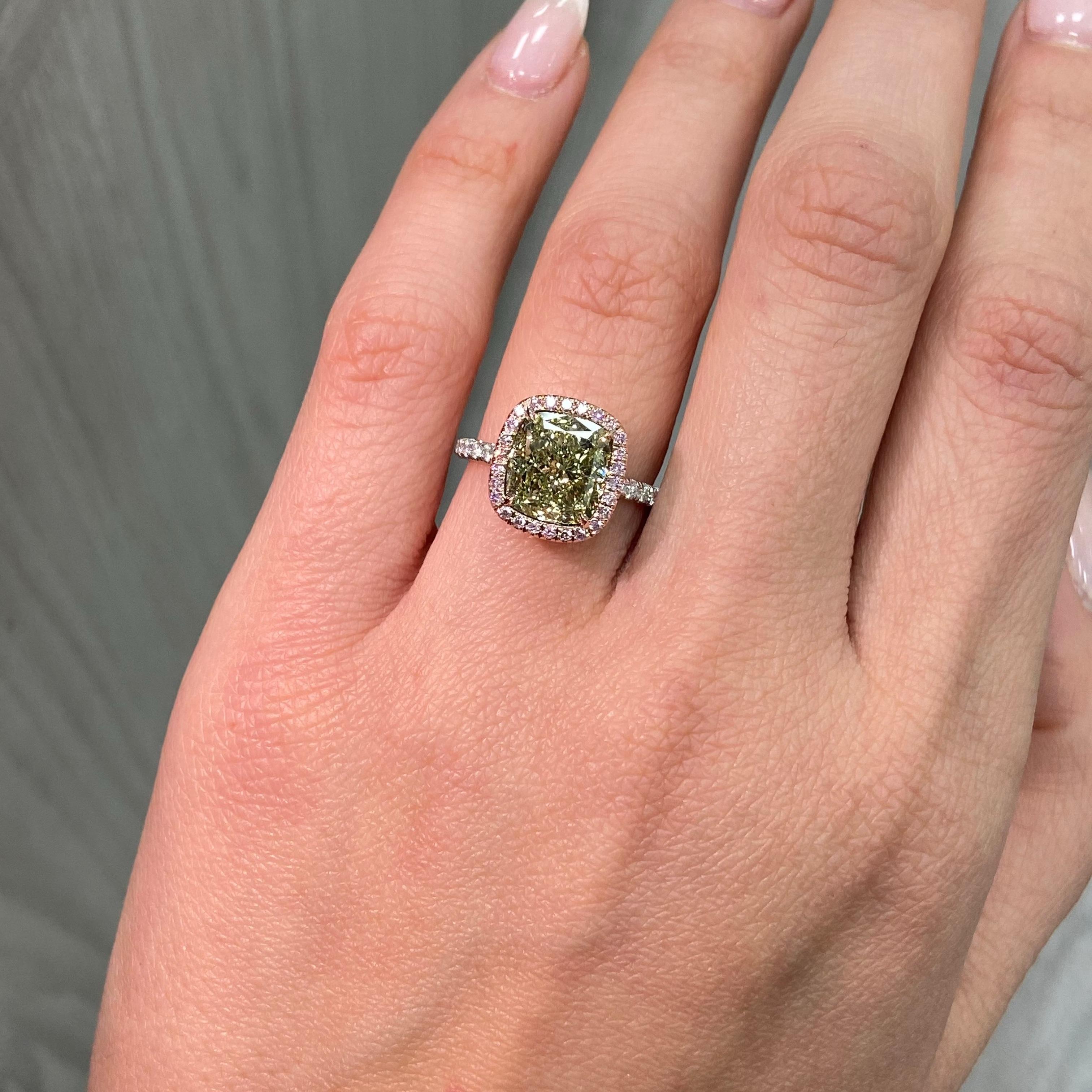 Cushion Cut 4ct Greenish Yellow Cushion Diamond in Pink Halo Engagement Ring For Sale
