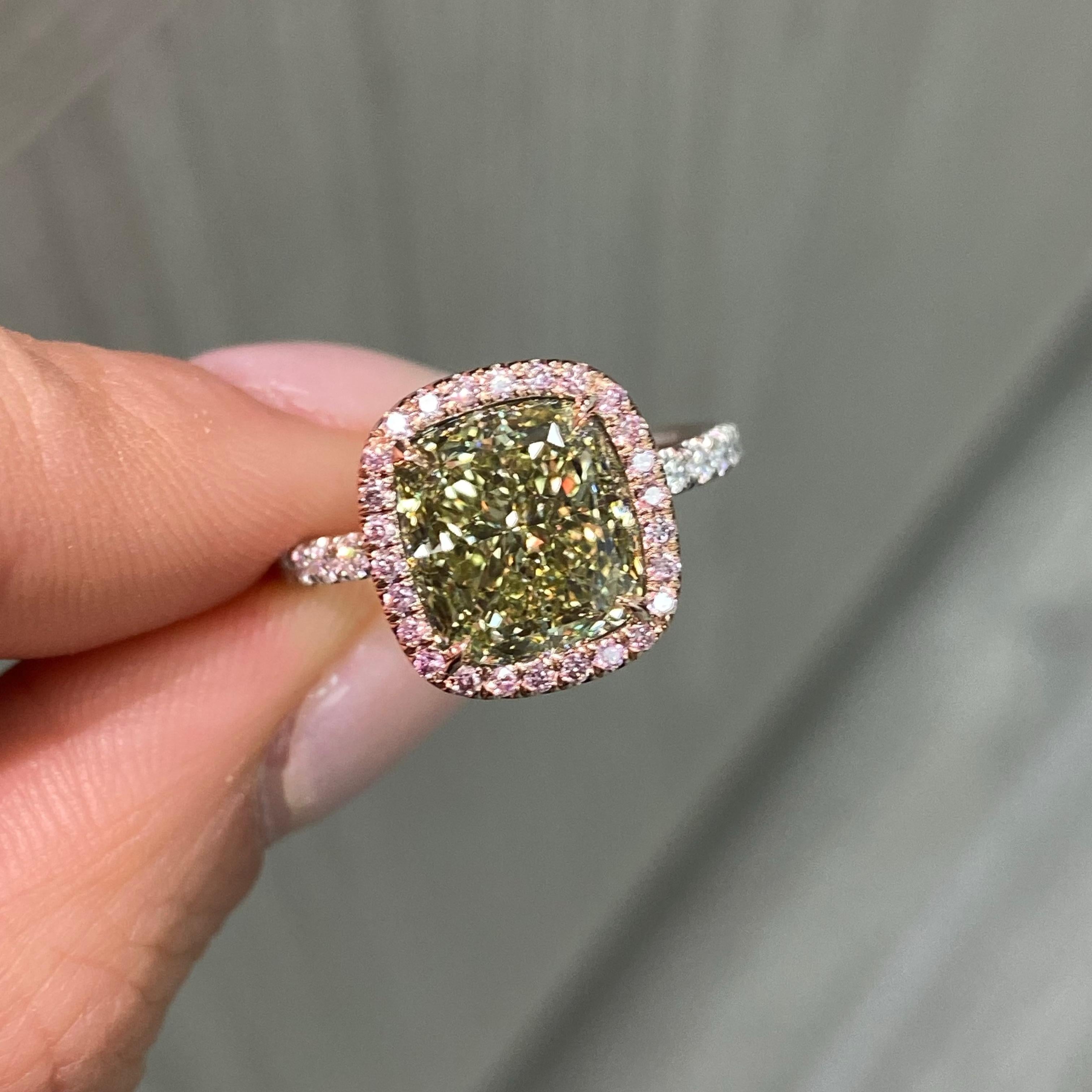 Women's 4ct Greenish Yellow Cushion Diamond in Pink Halo Engagement Ring For Sale