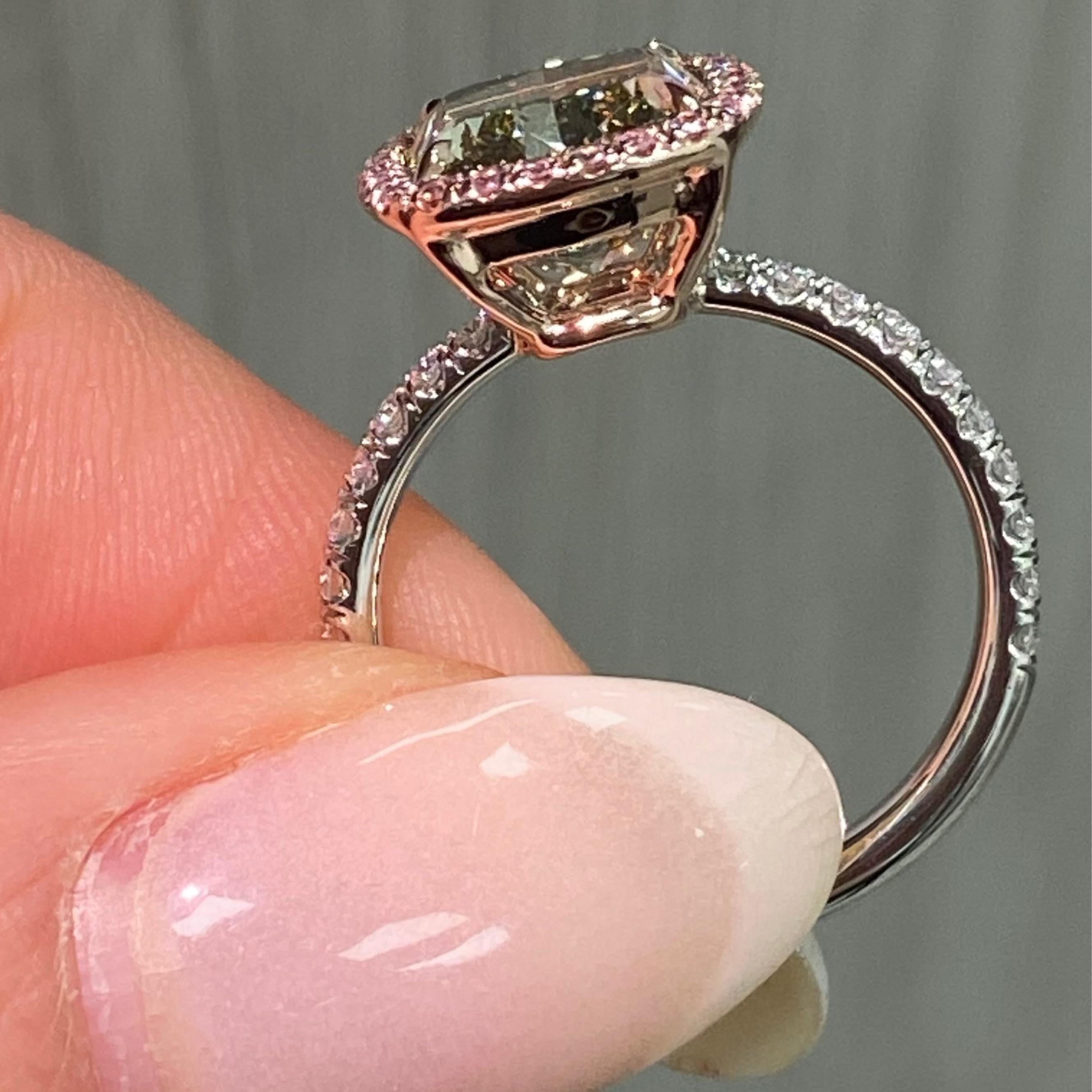 4ct Greenish Yellow Cushion Diamond in Pink Halo Engagement Ring For Sale 1