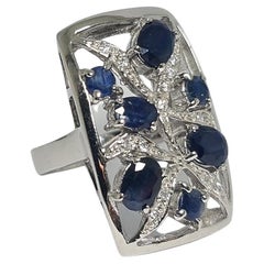 4+Ct Natural Blue Sapphire Art Deco .925 Sterling Silver  Rhodium Plated Ring
