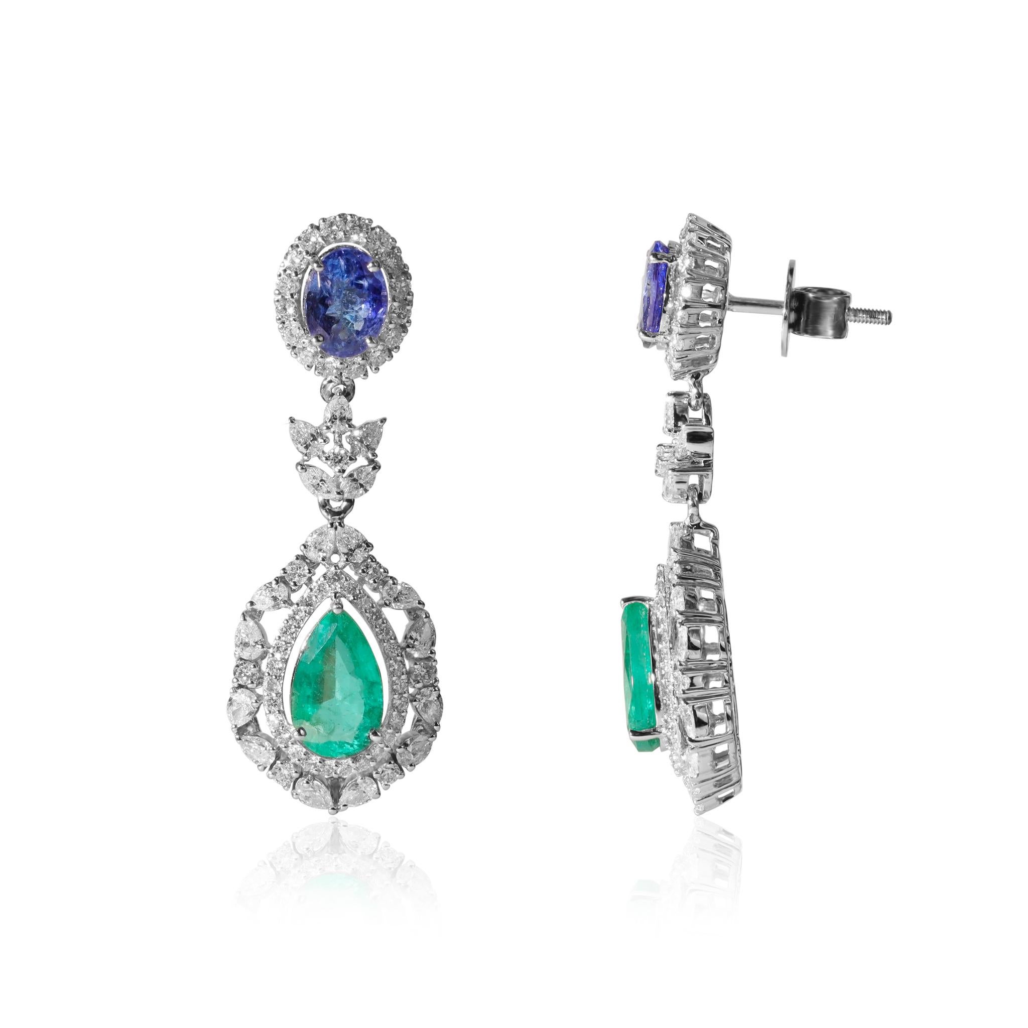 Art Deco 4ct Natural Emerald and 2ct Tanzanite Dangle Earrings Halo Diamond in 18k gold For Sale