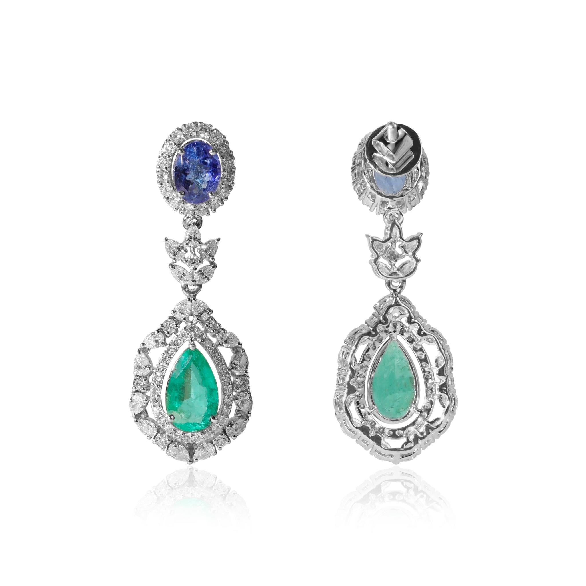 Oval Cut 4ct Natural Emerald and 2ct Tanzanite Dangle Earrings Halo Diamond in 18k gold For Sale