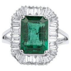 4ct Natural Emerald & Baguette Diamond Halo Engagement Ring in 18K White Gold