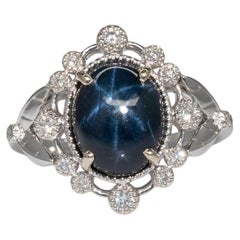 4Ct Star Sapphire Ring with Earth Mined Diamonds Accents: Solid 14K Gold, 10x8mm
